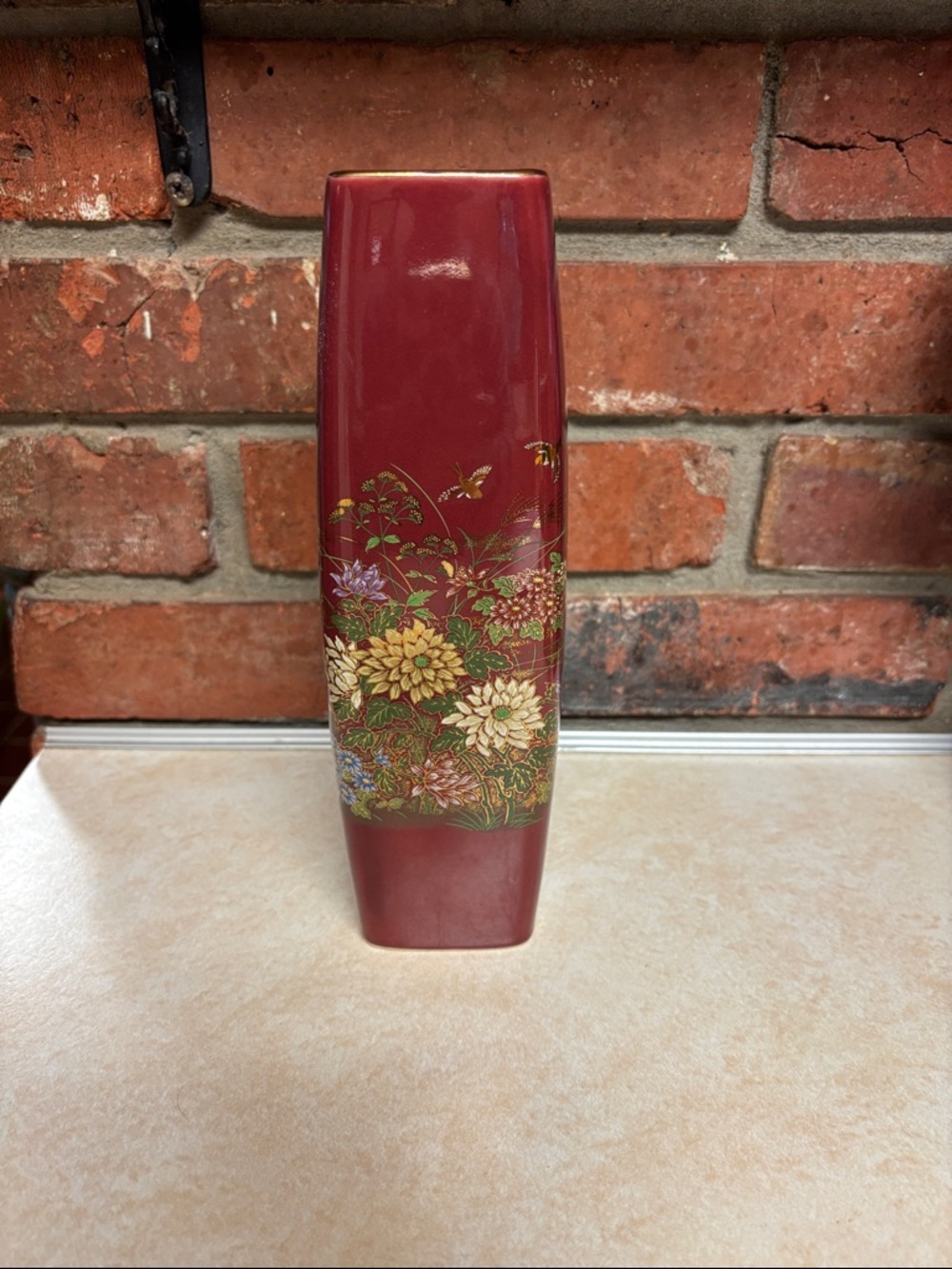 Made In Japan MCI Gilded Vase Burgundy With  Flowers/Birds/Butterflies